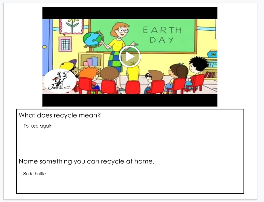 Screenshot students' responses in Google Slides to Betsy's Kindergarten Adventure: Happy Earth Day