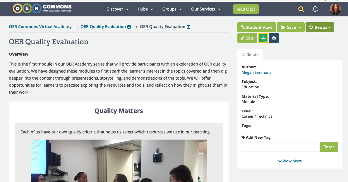 Screenshot of OER Commons Open Author published resource to show "remix" button