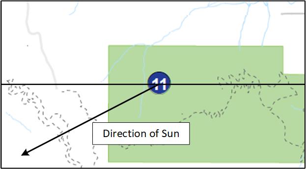 Map showing horizontal line and direction of sun