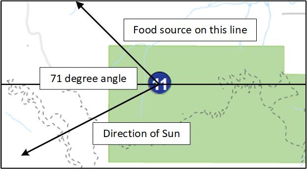 Map showing line to food source 71 degrees from direction of sun