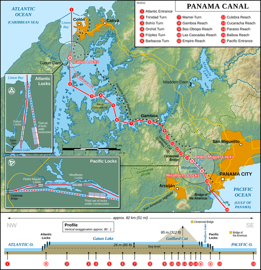 Panama Canal Map. Thomas Römer/OpenStreetMap data [CC BY-SA 2.0 (http://creativecommons.org/licenses/by-sa/2.0)], via Wikimedia Commons