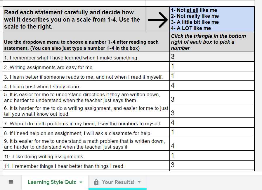 Example of student responses 
