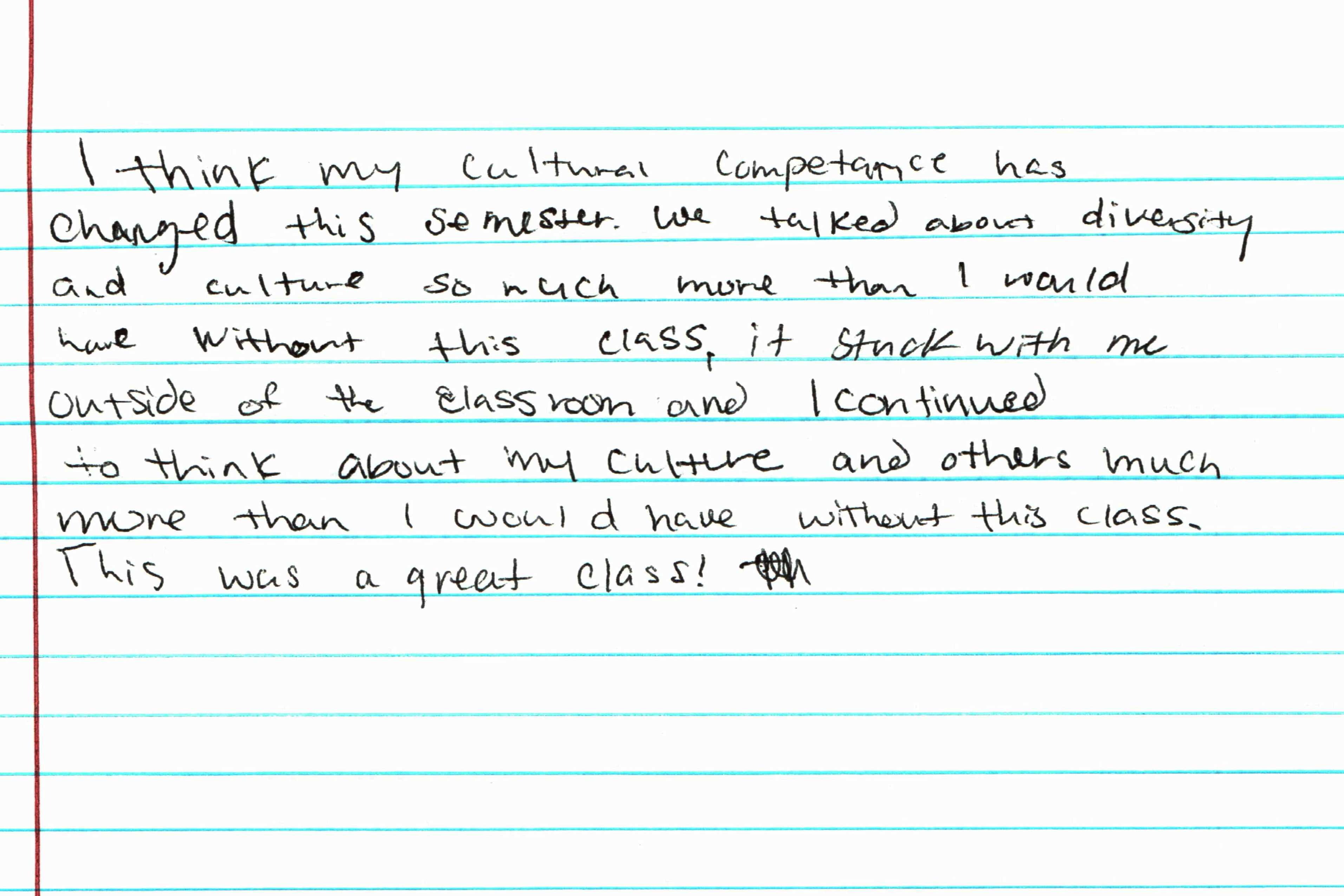 Student note about support for cultural competence