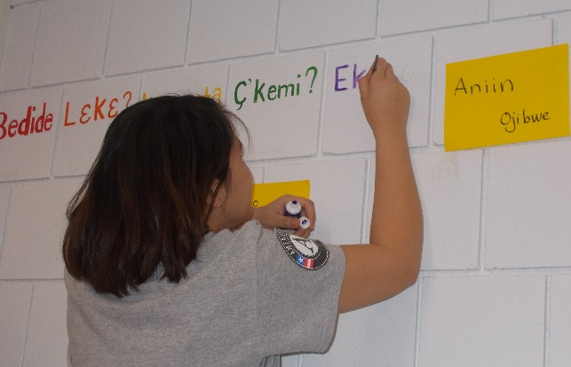 Student painting 'hello' in various languages