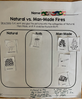 Student cut and paste sample of Natural vs Man-made fires sort