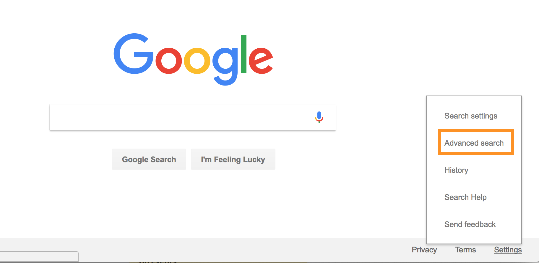 Screenshot showing where to find Google Advanced Search