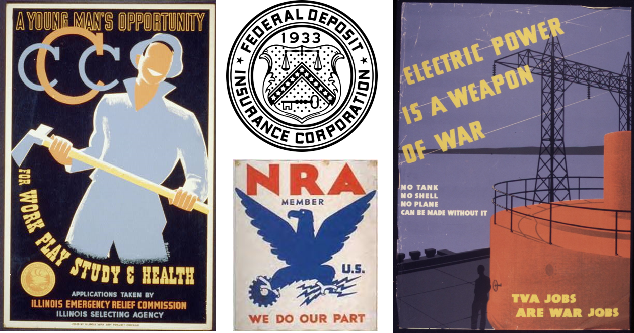 Clockwise from left: CCC poster; FDIC logo; TVA poster; NRA poster. [Public Domain], via Wikimedia Commons.