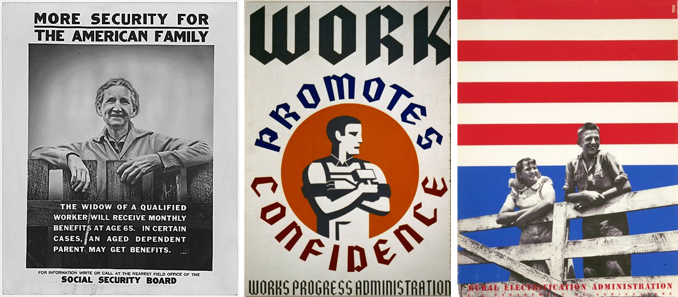 Left to right: Social Security, Works Progress Administration, and Rural Electrification Administration posters. [Public Domain], via Wikimedia Commons.