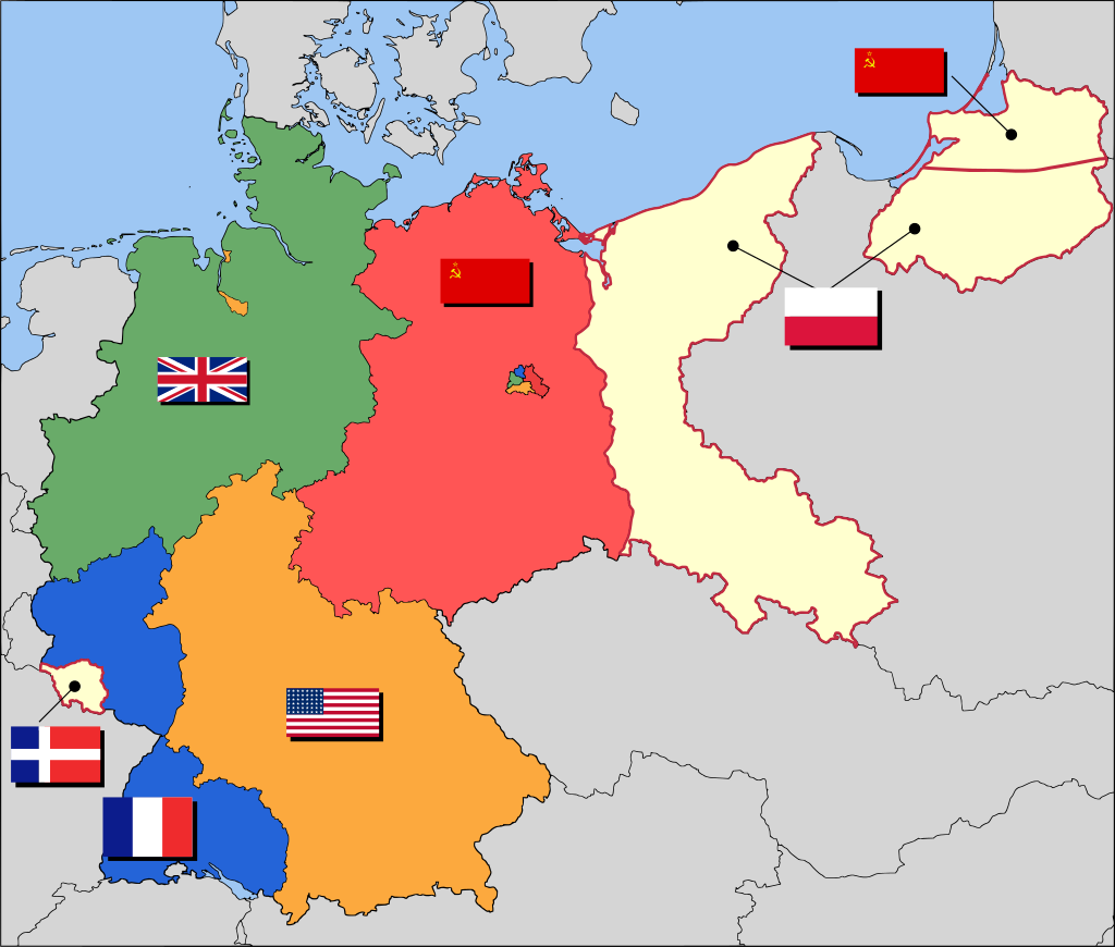 A Map of Post-Nazi German occupation borders and territories in 1947.
Areas in beige were out of the control of the Allied Control Council; those east of the Oder–Neisse line were temporarily attached to Poland and the USSR (by the Potsdam Agreement), pending Final German Peace Treaty; that in the west formed the Saar Protectorate.

Berlin is a quadripartite area shown within the red Soviet zone. Bremen consists of the two yellow American exclaves in the green British.