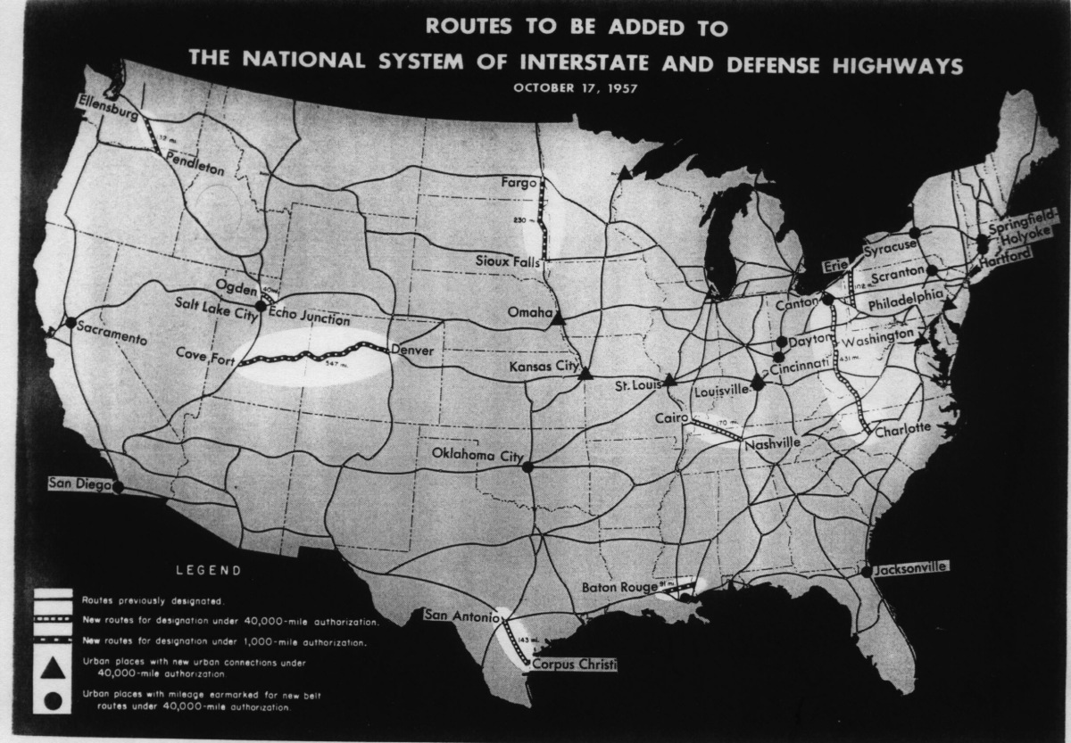 Heading reads, "Routes to be added to the national system of interstate and defense highways, October 17, 1957." Shows a map of the continental United States webbed with highways across every state.