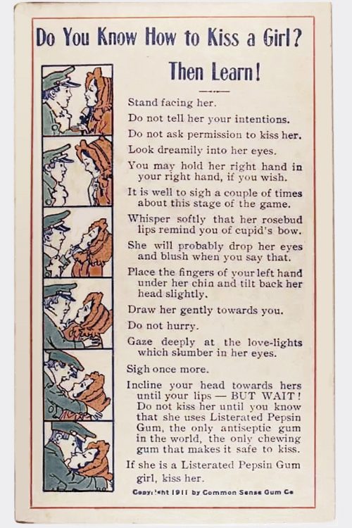 “Do you know how to kiss a girl?” Advertisement by Common Sense Gum Company [Public domain], via Wikimedia Commons