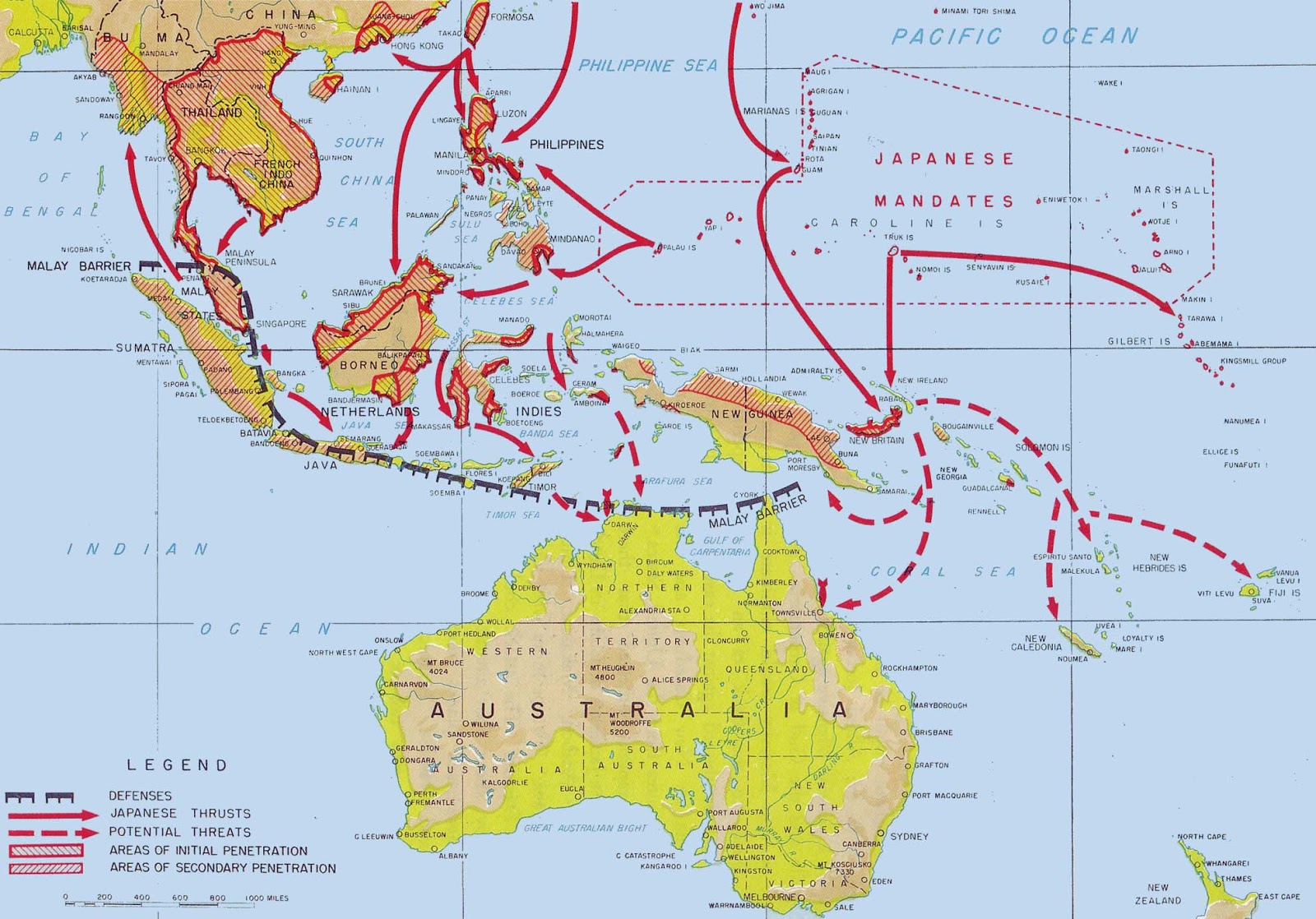 A map showing that Japan was involved in many parts of the Pacific during World War II.