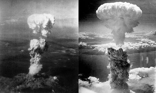 Two pictures of the classic "mushroom cloud" after a detonation of an atomic bomb in Hiroshima and Nagasaki.