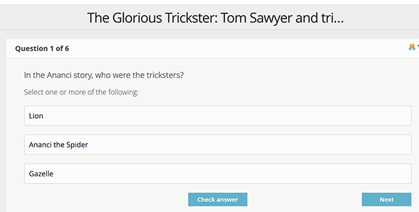 Screen capture of first question in Trickster Quiz