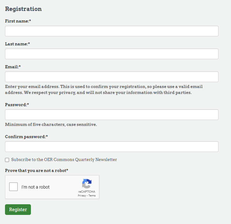 This image shows the registration page for an OER Commons account.