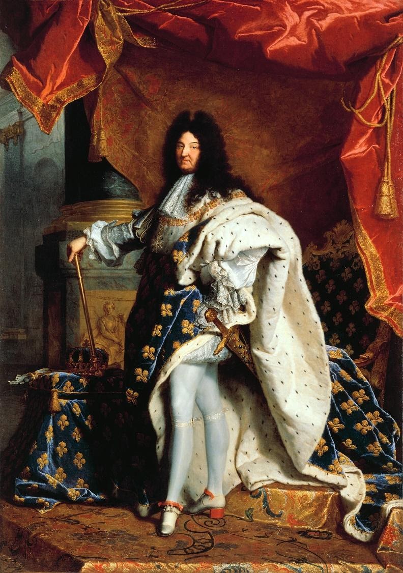 Portrait of King Louis XIV of France. Louis dressed in royal robes, vibrant colors, posed by the throne.