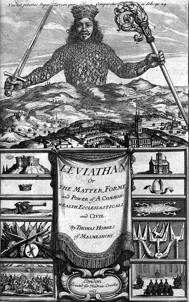 Black and white book cover art for Thomas Hobbes' The Leviathan. Sketched images show symbols of power and authority of pastoralism, war, fight, struggle.