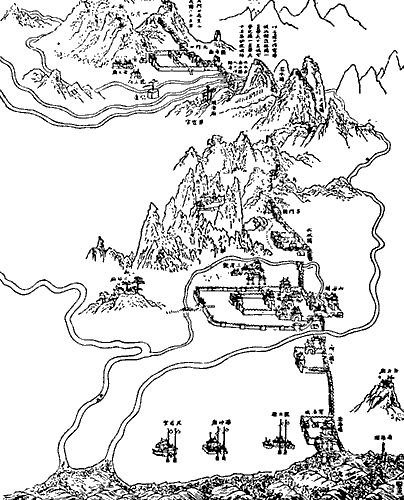 Battle of Shanhai Pass: A drawing of the mountainous battlegrounds of the decisive Battle of Shanhai Pass. 