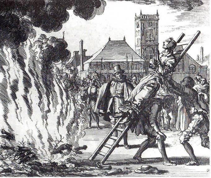 An etching of the burning of an Anabaptist