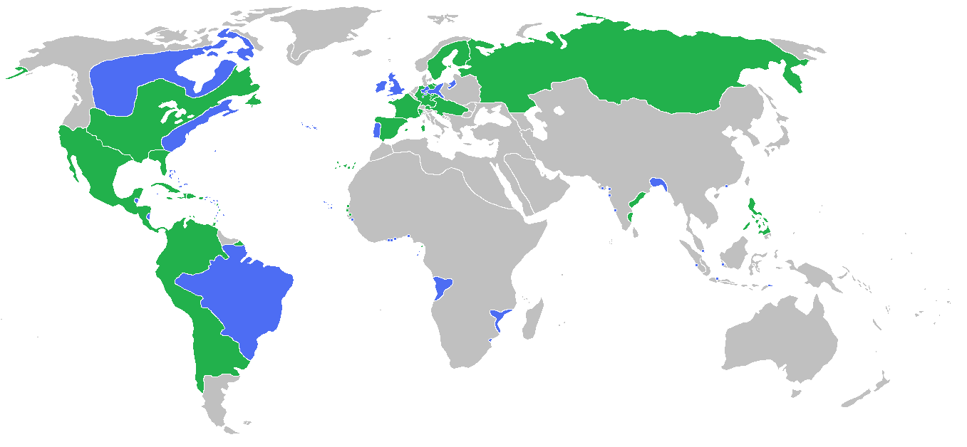 World map showing the two countries/territorial claims belonging to the two sides of the conflict. In blue: England, Portugal, parts of India, Sub-Saharan Africa, Germany, Portugal. In Green, France, Russia, Sweden, Spain, Austria, parts of the Americas, India, Philippines.