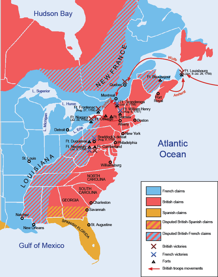 Color map of eastern half of present-day U.S. and Canada. Showing territory belonging to British and French during the French and Indian War. New Orleans to Newfoundland represents New France. The thirteen original English colonies. And the disputed territory between the two sides--present day Appalachia and Ohio River Valley.