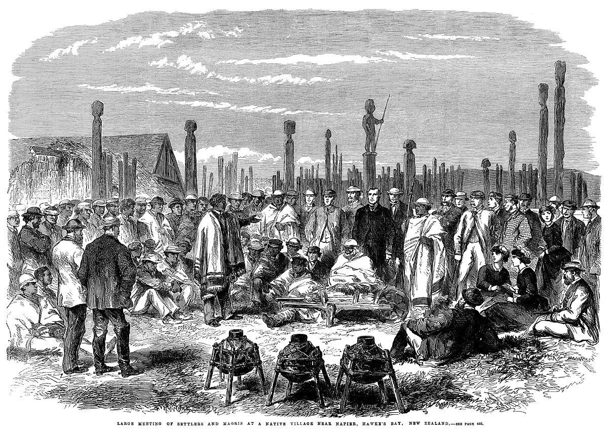 Illustration of white settlers meeting the Māori peoples in 1863.