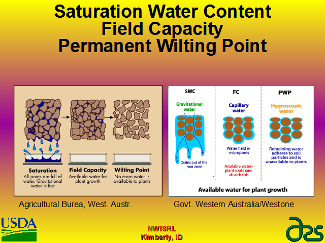 Two graphics illustrate varying stages and types of water. A group of soil particles on the left have water filling all the spaces between them, with water dripping down and collecting into a container. Under the image, it states this image is Saturation when all pores are full of water. Gravitational water is lost. The next image to its right is a group of soil particles that have water filling most of the spaces between the soil particles. There is no water in the container under the soil. Below the images says, "Field Capacity, Available water for plant growth. The next image on the right is only soil particles without any water. The container beneath the soil is empty. Under the image states, "Wilting Point, No more water is available to plants." In a box to the right of the box that held the previously described images, there are three illustrations of different types of water. The image on the left has soil particles that are saturated with water that is flowing downward. This gravitational water drains out of the root zone. The image in the middle is soil particles surrounded by water held in micropores. This capillary water is available for plant roots to absorb. The image on the right shows soil particles with water tightly held to it. This hygroscopic water adheres to soil particles and is unavailable to plants.