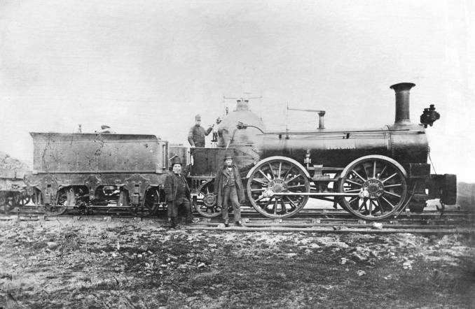 Black and white photograph of an early steam engine on the L & MR Railway.