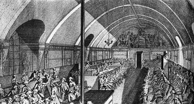 sketch of crowds of people on long benches
