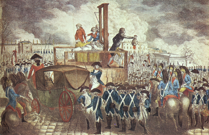 Crowd of people including military surrounding a guillotine
