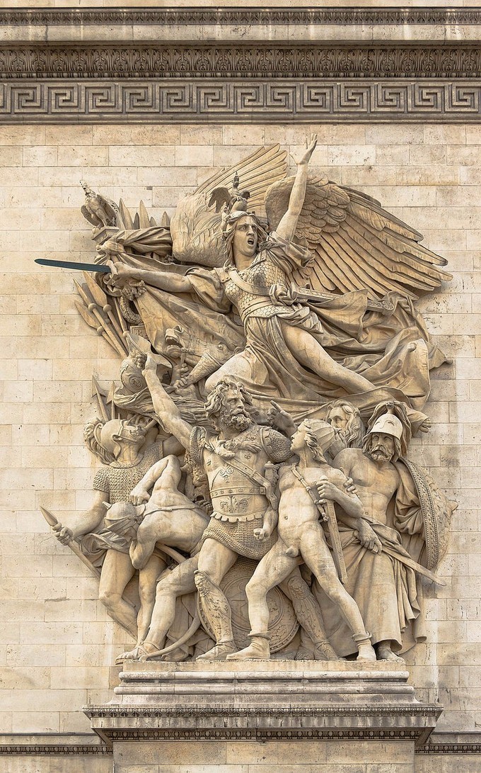 sculpture of roman soldiers and flying justice