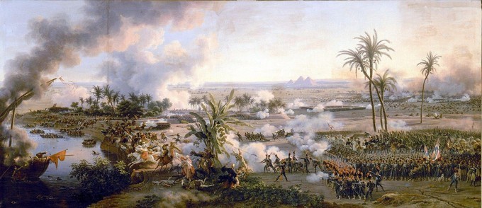 painting of watery land with palm trees and people. Landscape show clouds of smoke from firearms and fire.