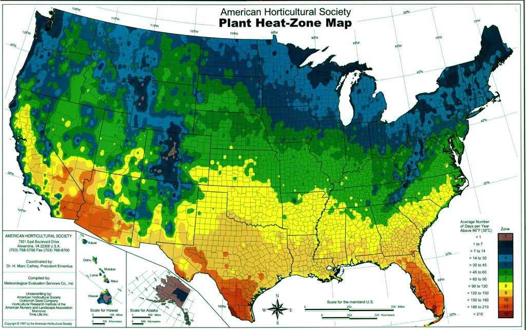 A color coded map of the United States designating plant heat tolerance rating information for each region