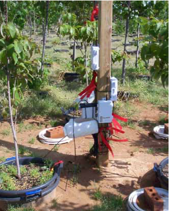 Various probes mounted on a post in a nursery
