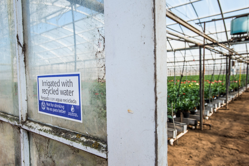 A sign on a greenhouse door reads "Irrigated with Recycled Water: Not for Drinking"