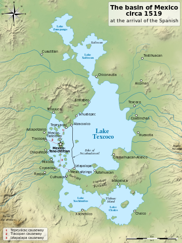The map shows the capital of Mexico-Tenochtitlan located on an island in Lake Texcoco. It also shows three causeways, one from Mexico-Tenochtitlan to Tepeyacac; another from Mexico-Tenochtitlan to Tlacopan; and another from Mexico-Tenochtitlan to Coyoacan and Mexicaltzingo.