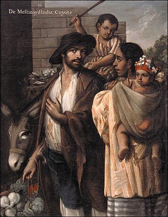 A painting of a Mestizo man with his Indian wife, along with their children, one of which is riding a donkey.
