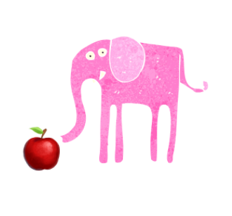 Pink elephant eats red apple
