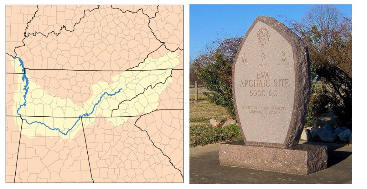 Map of Tennessee river watershead area and stone marker of Eva Archaic Site