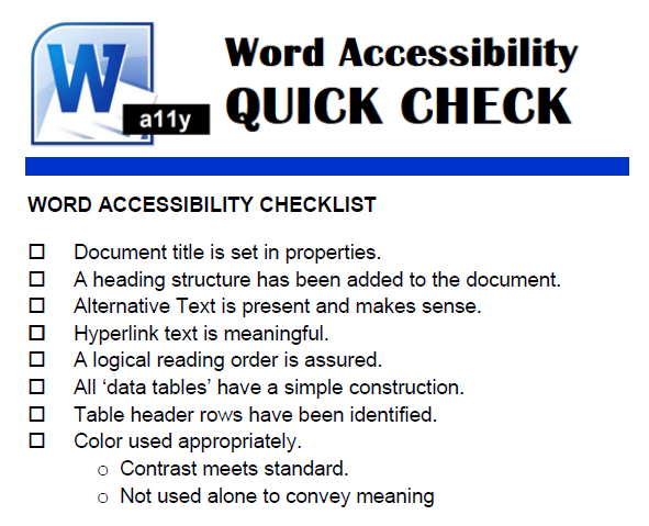 A screenshot of a Word Accessibility checklist, which is available on this page for download