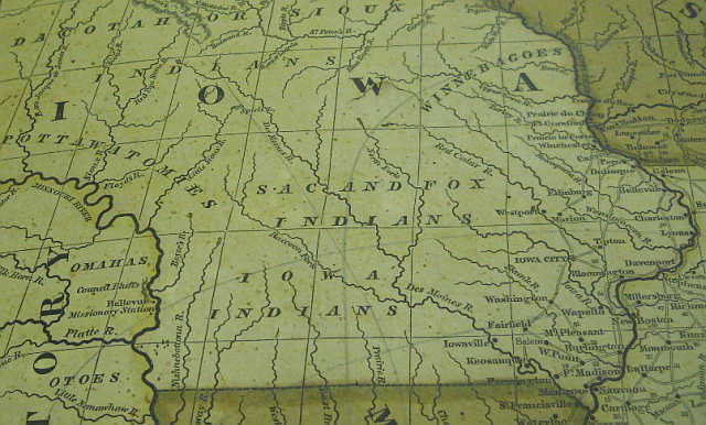 Map 1844 American Republic map of Iowa showing tribes prior to treaties