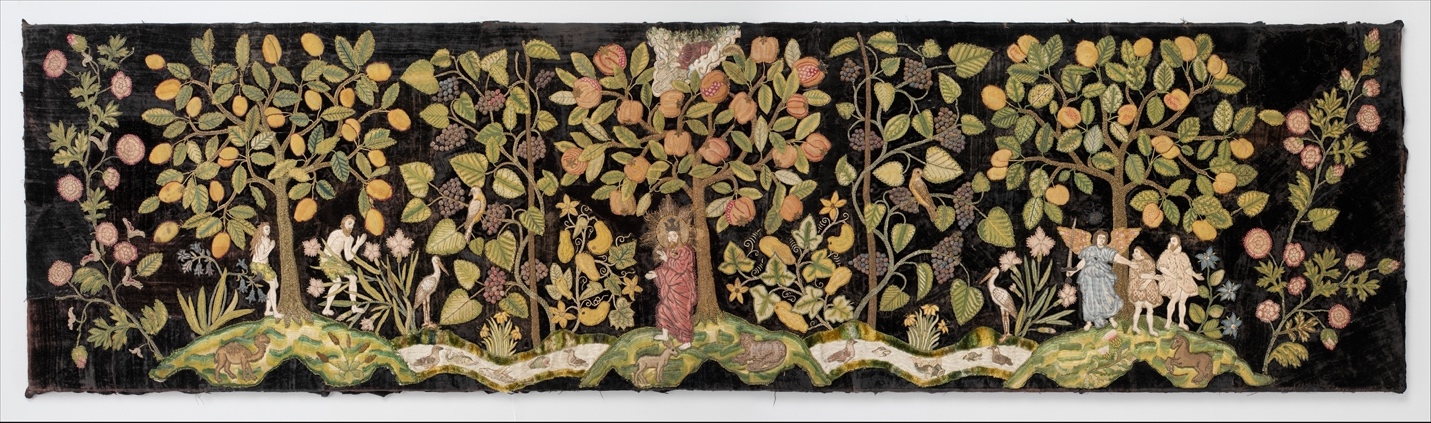 An embroidered tapestry depicting a garden with fruit trees.  A naked couple hides behind a tree on the left.  In the center is a man in red with a glowing crown.  On the right the earlier couple is clothed and is being cast out by a winged person.