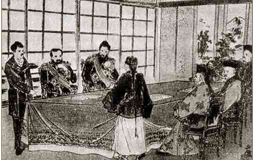 pencil drawing of men around a table. On the left the men are dressed in European uniforms, on the right the men are dressed in traditional Chinese clothes representing their rank.
