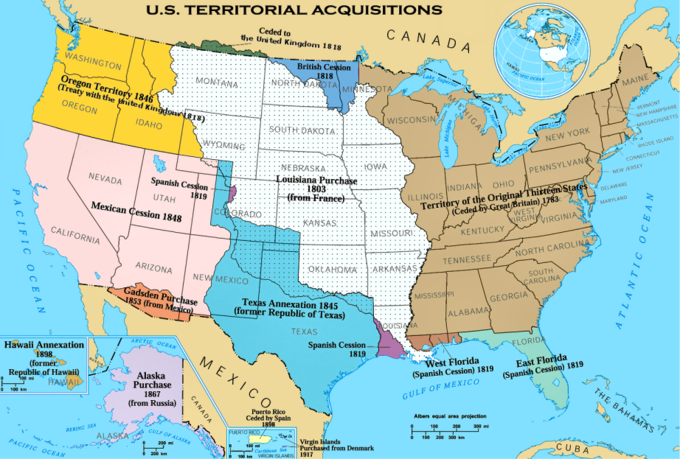 The maps shows that the territory of the original thirteen states was ceded by Great Britain in 1783; the Louisiana Purchase was made from France in 1803; portions of current-day North Dakota, Minnesota, and South Dakota were ceded by Britain in 1818; East Florida was ceded by Spain in 1819, West Florida was ceded by Spain in 1819; a portion of modern-day Louisiana was ceded by Spain in 1819; a portion of modern-day Colorado was ceded by Spain in 1819; the Texas Annexation (former Republic of Texas) occurred in 1845; the Oregon Territory was ceded by Britain in 1846, the entirety of modern-day California, Nevada, and Utah as well as portions of modern-day Wyoming, Colorado, Arizona, and New Mexico were ceded by Mexico in 1848; the Galsden Purchase was made from Mexico in 1853; the Alaska Purchase was made from Russia in 1867; Puerto Rico was ceded by Spain in 1898; and the Hawaii Annexation (former Republic of Hawaii) occurred in 1898. It also shows that the U.S. ceded portions of modern-day Alberta and Saskatchewan to the Britain in 1818.