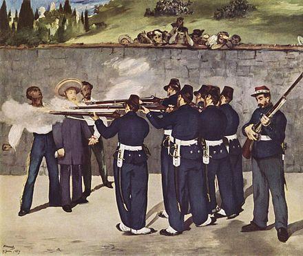 The painting shows a group of military men in uniform firing rifles at Maximilian and two other men.