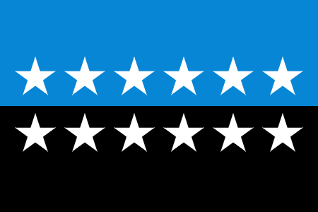flag top half blue with 6 5-pointed stars, bottom half black with 6 5-pointed stars