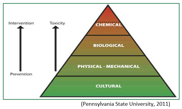 Pyramid indicating types and toxicity from prevention (bottom) to intervention (top) with toxicity increasing toward top of pyramid. Order from bottom up is cultural, physical-mechanical, biological, chemical. 