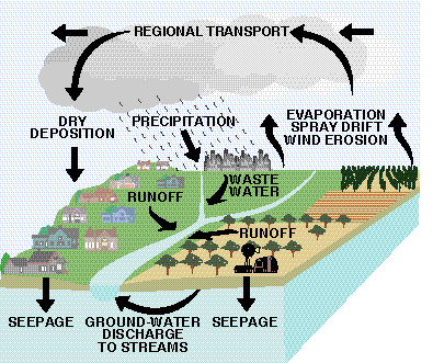 Cycle flows from regional transport to dry deposition and precipitation to waste water, runoff, seepage, and ground-water discharge to streams to evaporation, spray drift, and wind erosion back to regional transport through cloud movement. 