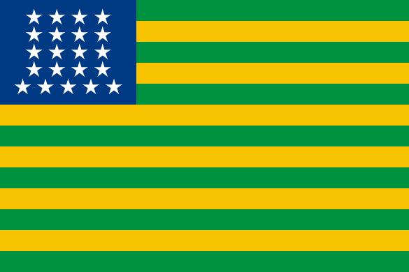 The flag has thirteen horizontal stripes, alternating green and yellow. The left hand corner has a blue square with 17 white stars in it.