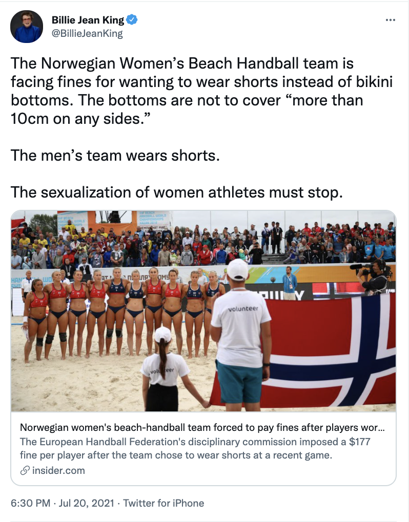King’s tweet on July 20, 2021 addressing the sexualization of female athletes (used with permission from King)